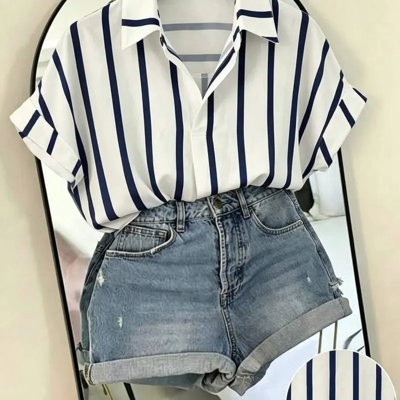 Women's Striped Shirt, Aesthetic Loose Batwing Sleeve Short Sleeve Pullover, Casual Vacation Top, Daily Commute Business Shirt, Printed Blouse