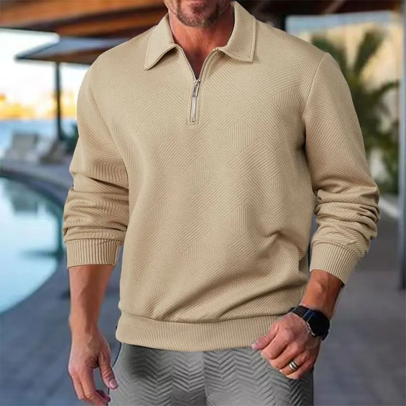 Men's Textured Quarter Zip Polo Sweatshirt, Casual Lapel Long Sleeve Pullover with Ribbed Cuffs, Business Casual Solid Color Knit Top for Daily Wear & Outdoor Activities