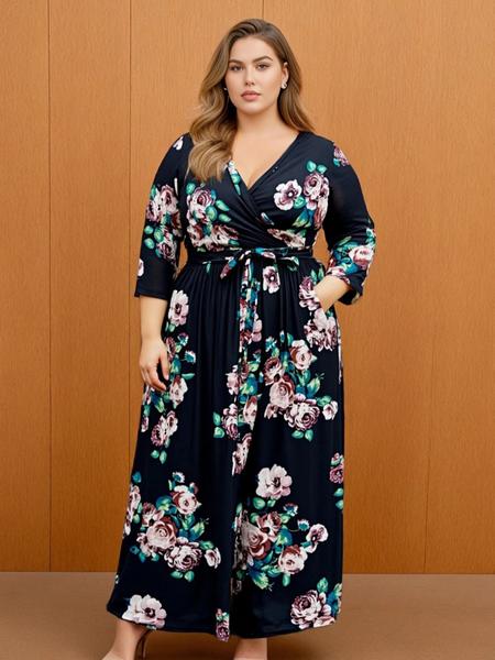 Women's V Neck Stretchy Casual Long Plus Size Dress, Perfect for Bridesmaids, Vintage Style Wedding & Party Wear, Comfortable All-Day Fabric