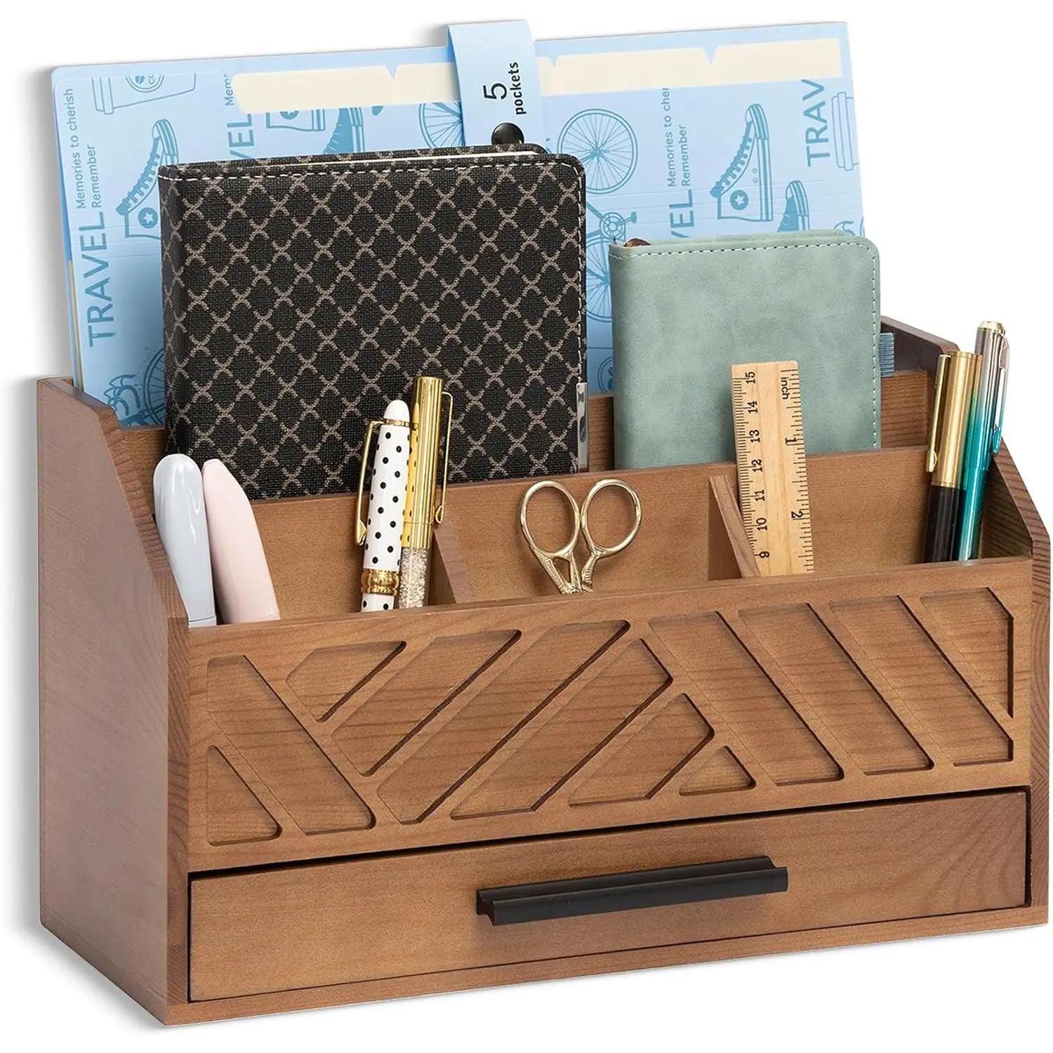 Brown Wood Desk Organizer with Drawer, Mail Organizer and File Holder for Office Supplies, Modern Workspace Organizer for Desk OrganizationGift