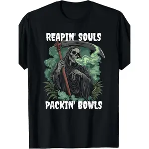 [100% Cotton] 100% Cotton Pothead Grim Reaper Smoking Weed Lover 420 Halloween T-Shirt.Jpg Same Style for Men And Women 2025 Summer Short-Sleeved Printed T-Shirt Pure