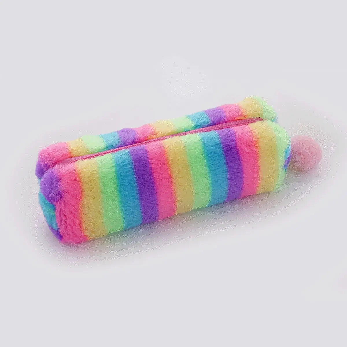 Cute Rainbow Striped Plush Furry Pencil Case with Pom-Pom, Large Capacity Stationery Organizer, Perfect Gift for Students and Office Use
