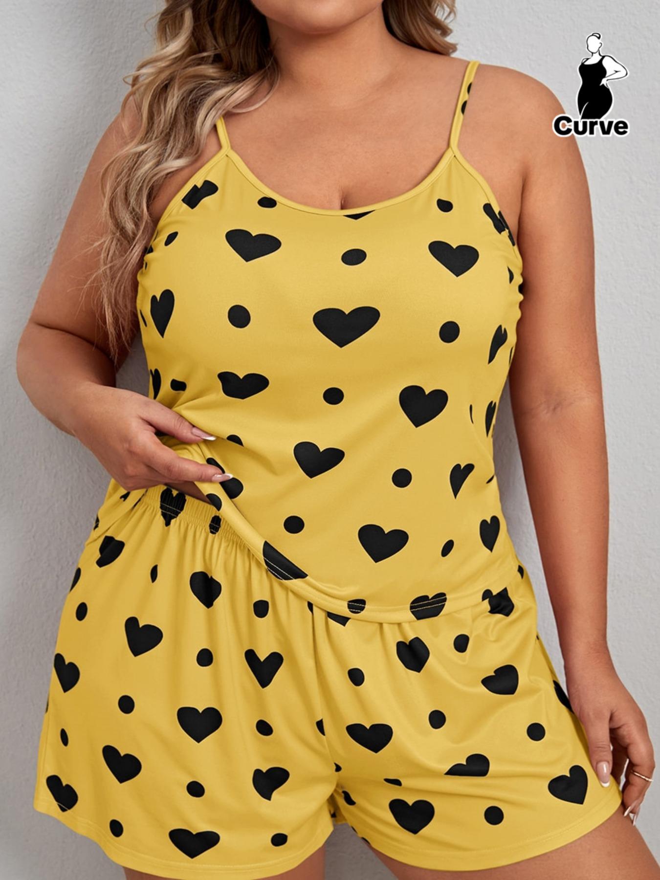 【Plus Size】 Heart Polka Dot Print Pyjama Set, Casual Spaghetti Strap Cami Top & Elastic Waist Shorts Pj Set, Women's Sleepwear & Loungewear
