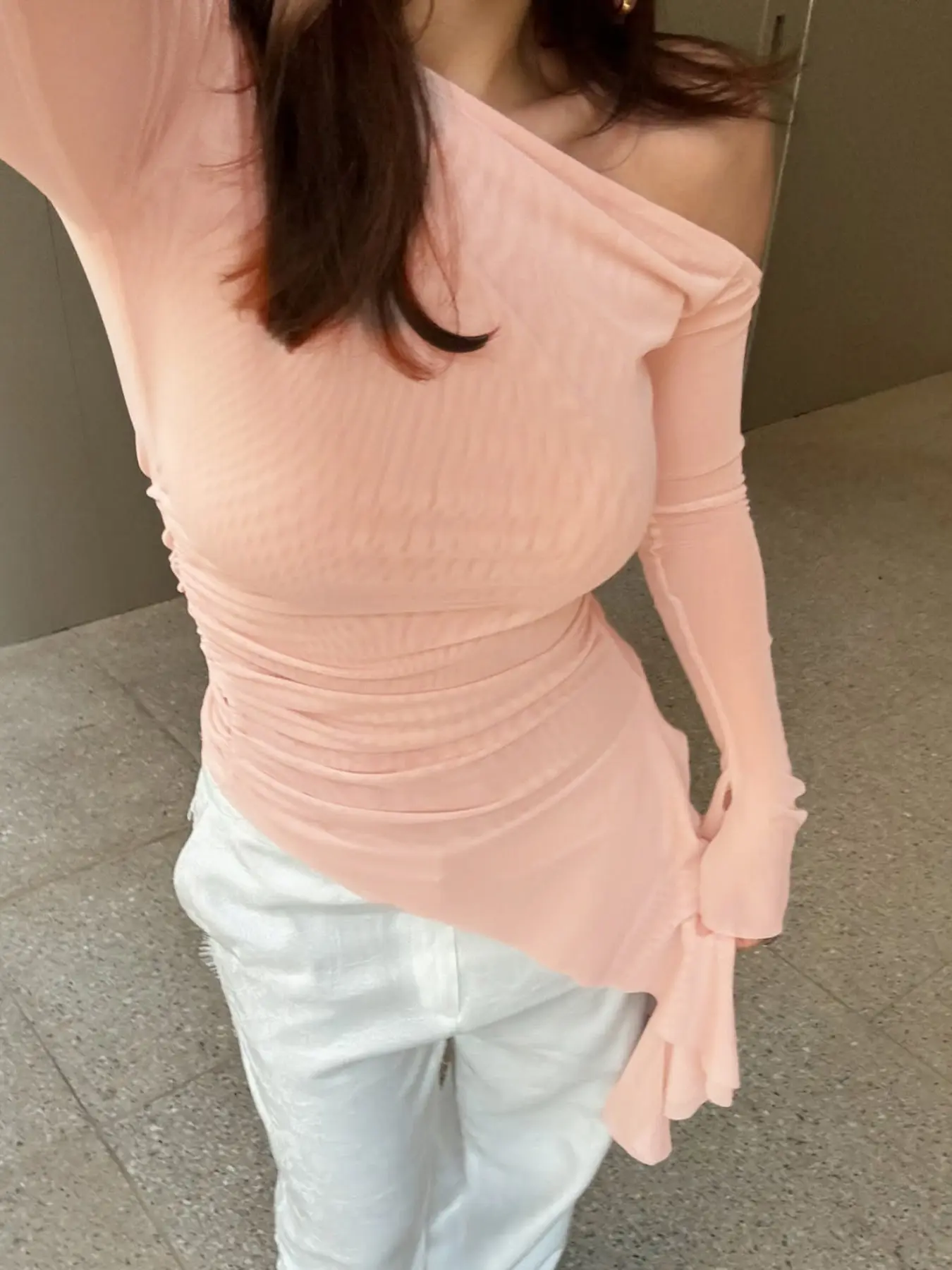 Women Pink Off Shoulder Long Sleeve Mesh Top Ruched Waist Irregular Asymmetrical Hem Flared Cuff Slim Fit Going Out Party Blouse