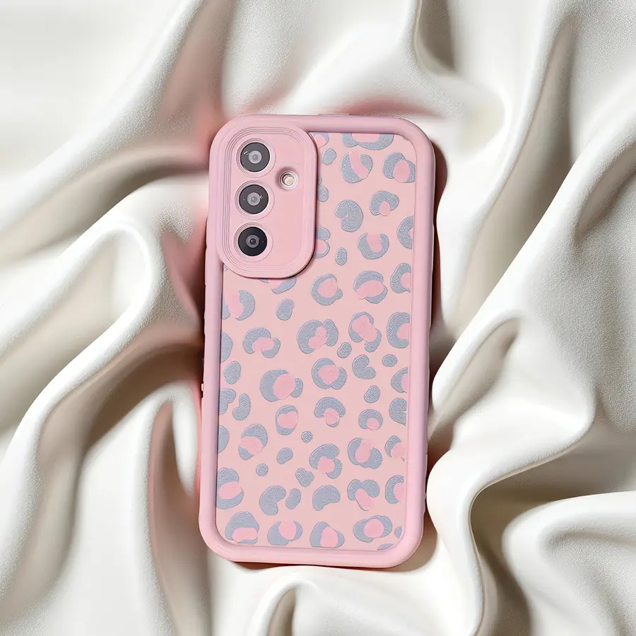 Frosted Pink & Pink-Gray Leopard Print Soft Silicone Case for Samsung Galaxy S26 S25 S24+ S23 S22 S21 Ultra FE Note20 A54 A53 A52 A36 A35 A34 A33 A17 A16 A15 A14 A13 - Cute Cartoon 2D Printed, Shockproof, Slim, Durable, Full-Screen Protection Cover, Tpu,,