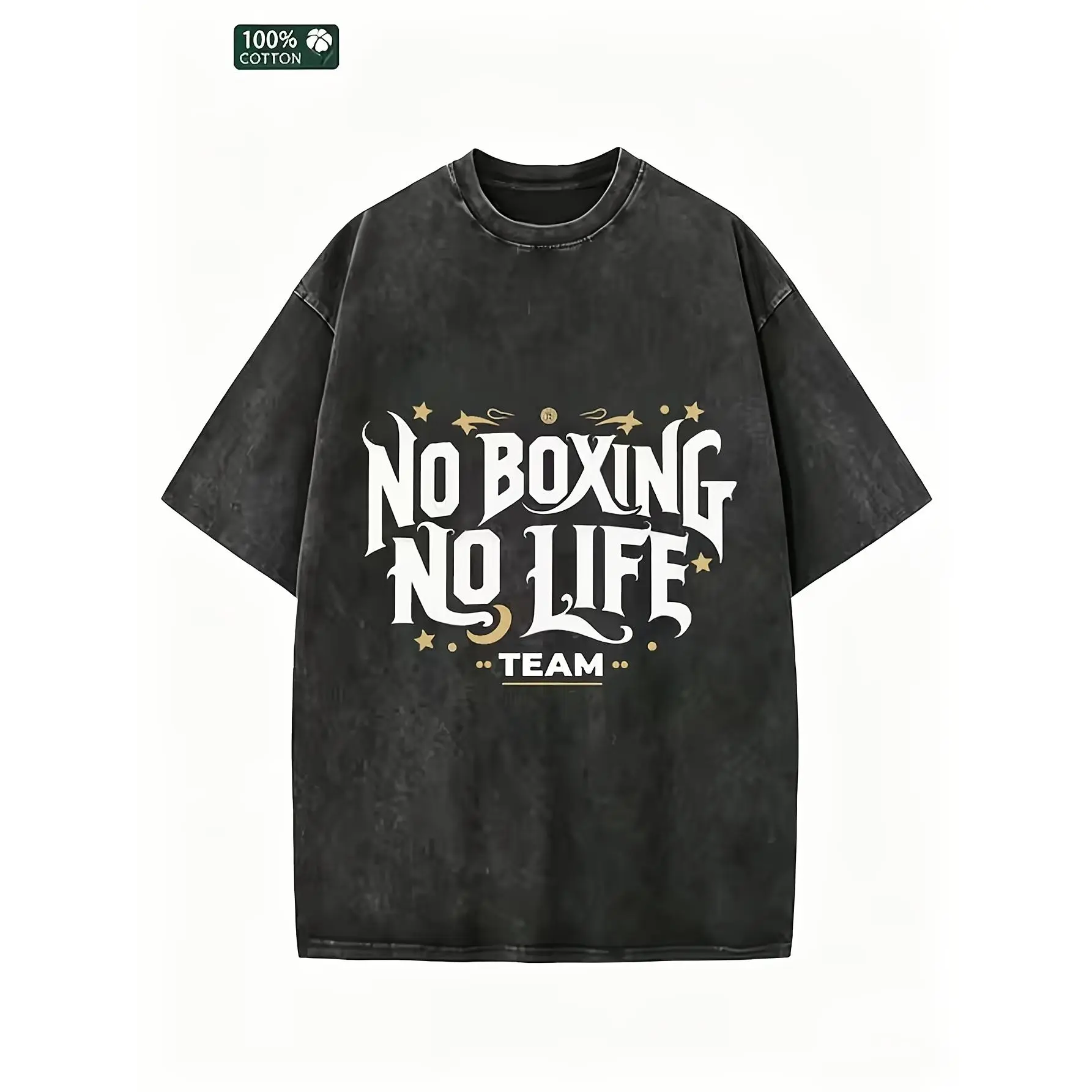 Vintage Washed 100% Cotton T-Shirt with a 'No Boxing No Life' Gothic Graphic, Unisex Relaxed Fit Casual Streetwear Top for the Gym