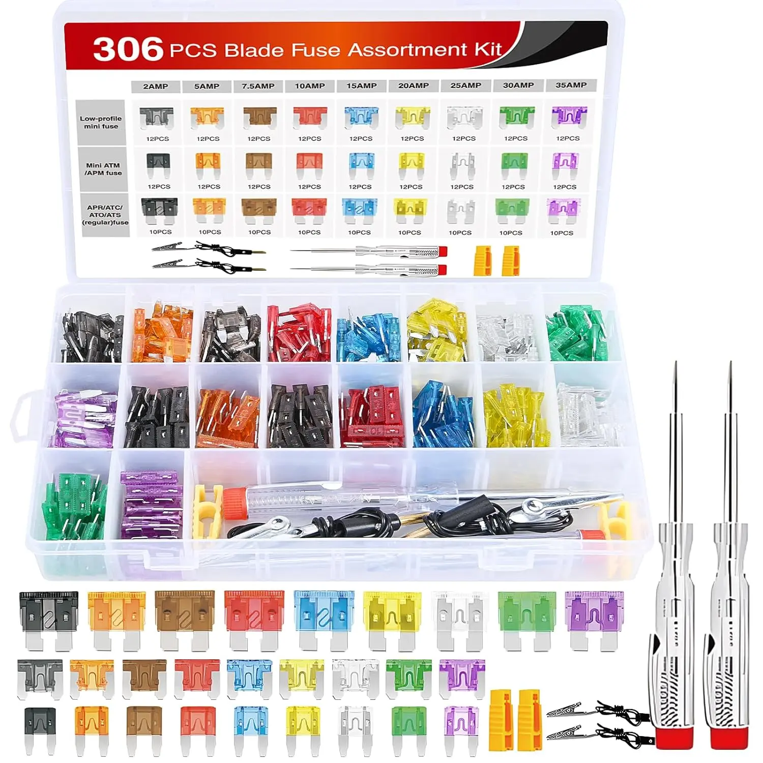 Nilight 306 Pcs Automotive Blade Fuse Kit Standard Mini Low-Profile Fuse Assortment 2A 5A 7.5A 10A 15A 20A 25A 30A 35A with Fuse Puller and Circuit Tester Replacement for Cars Trucks SUVs RVs