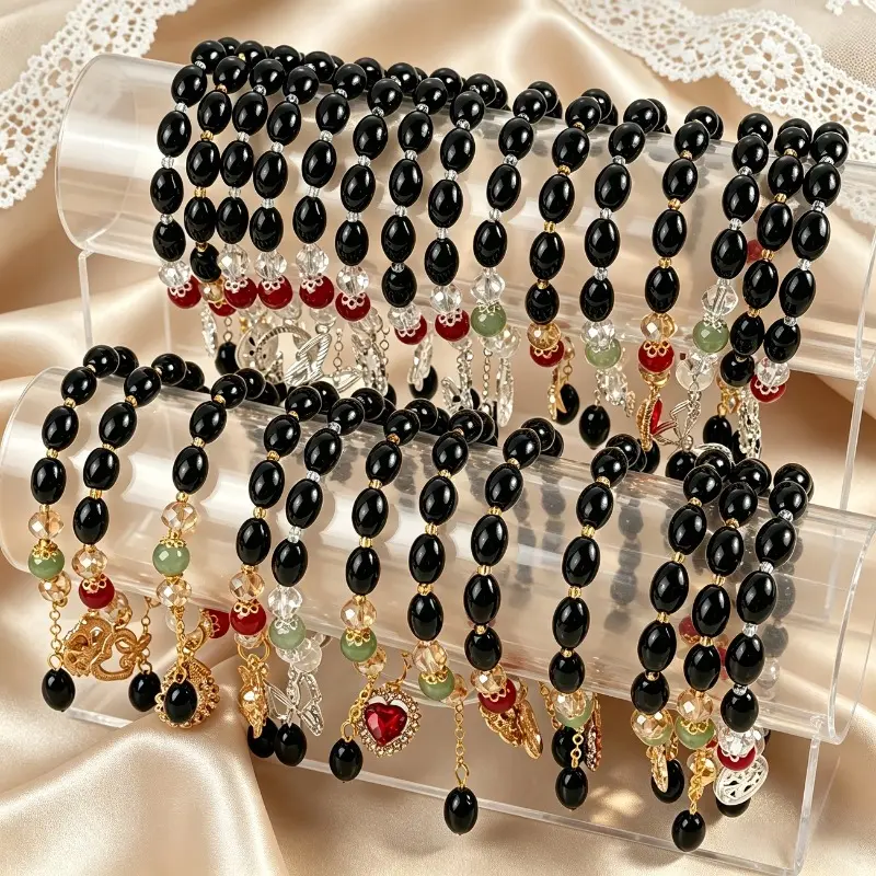 Women's 12Pcs Stackable Stretch Glass Bead Bracelets for Women, Charm Bracelets with Heart, Butterfly, Tree Charms, Black Beads for Daily Wear, Birthday Gifts