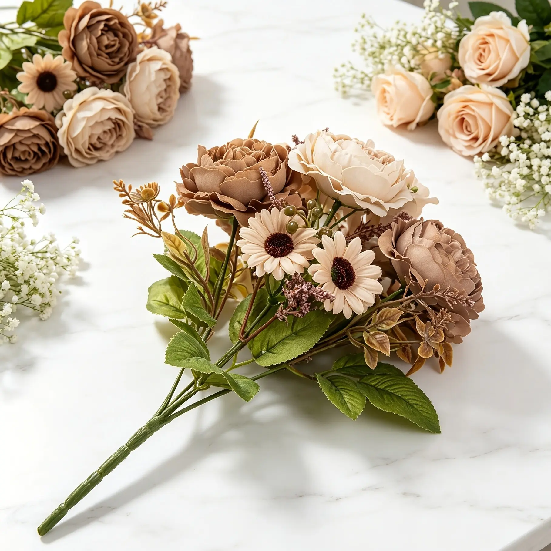 Outdoor Artificial Flowers, Coffee Color Daisy Rose Peony Bouquet, Elegant Low Maintenance Fake Flowers, Home Decor Vase Arrangement