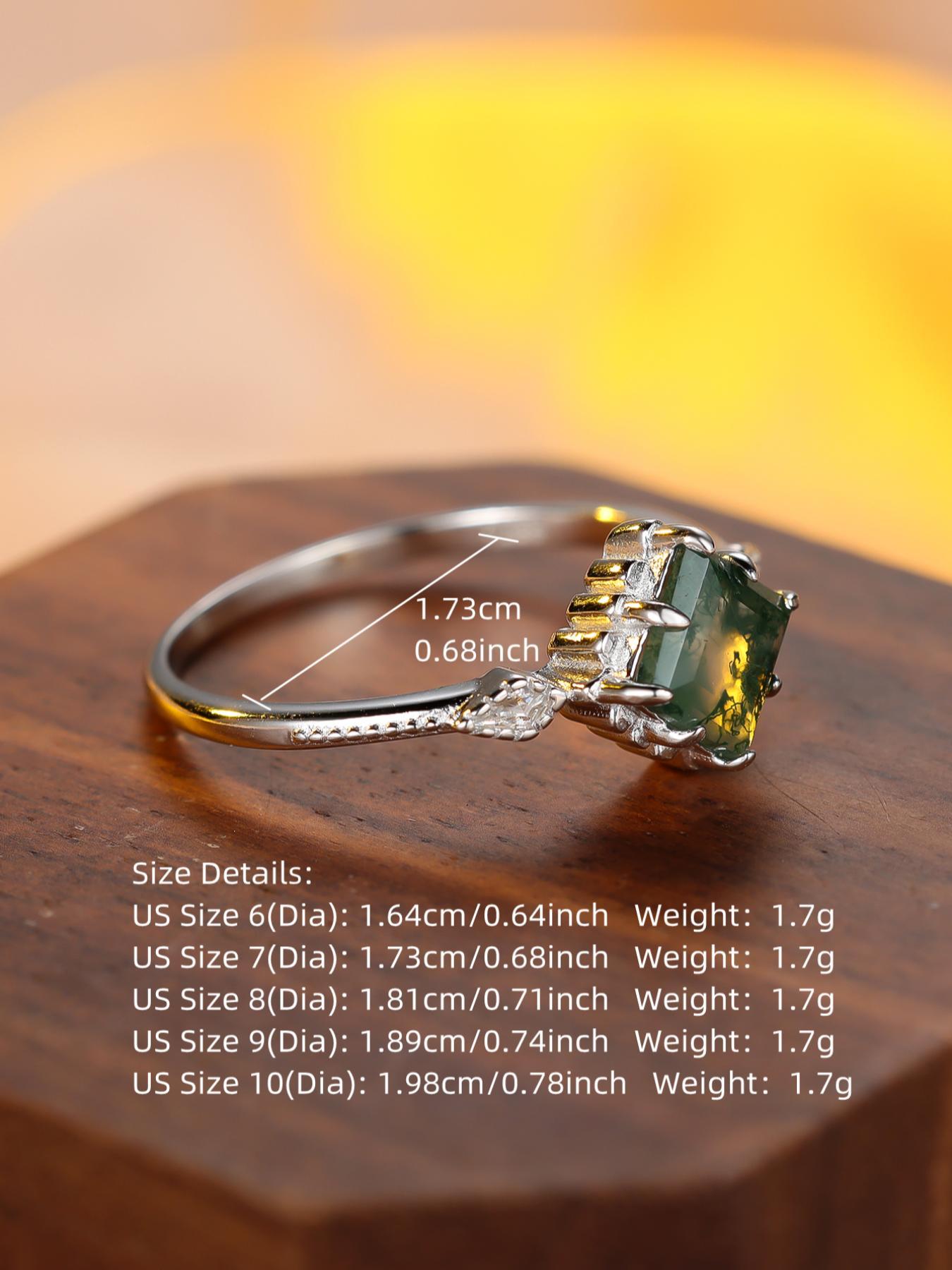 S925 Sterling Silver Artificial Gemstone Sea Grass Decor Ring, Emerald Cut Solitaire Ring, Rings for Women, Fashion Elegant Engagement Ring for Party, Daily Clothing Decor, Trendy Jewelry for Birthday Gift, with Box As Gift