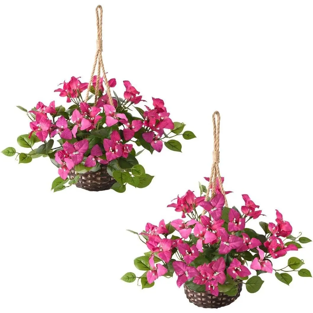 2 Pcs UV-Resistant Bougainvillea Fake Flowers, No-Installation Decor Hanging Planter Plants for Front Door Porch, Outdoor Garden Boho Vibe Home Decor, Fibers & Silk, Front Yard