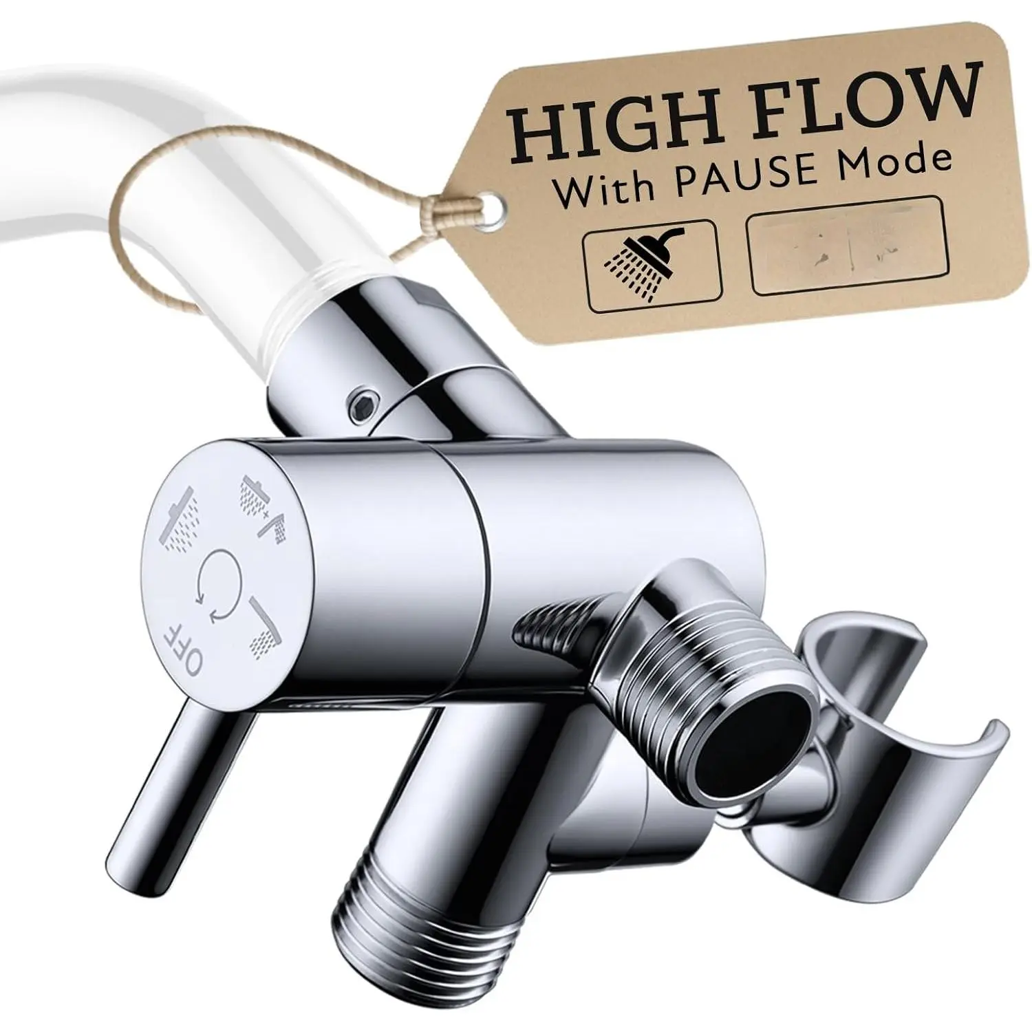Metal High-Flow Shower Diverter Valve with Holder (Chrome) | High Flow Output, 4  Modes with Pause Mode, Adjustable-Angle Bracket, Anti-Leak, Easy to Install,