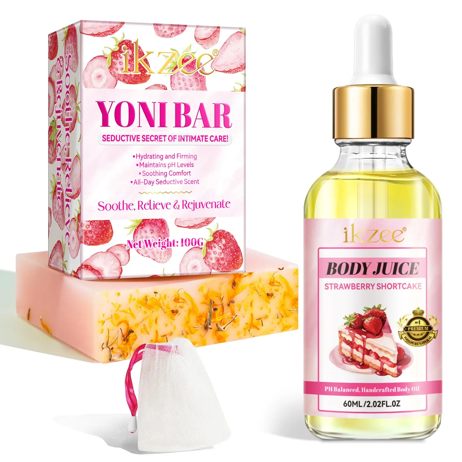 Buy One Get One Free, Ikzee Body Juice Moisturizing Oil 60ML + Strawberry Soap 100g, Fresh Fruit Scented Body Care Set, Daily Hydration