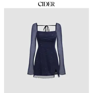 Cider Square Neck Solid Glitter Knotted Mini Dress Dealsforyou