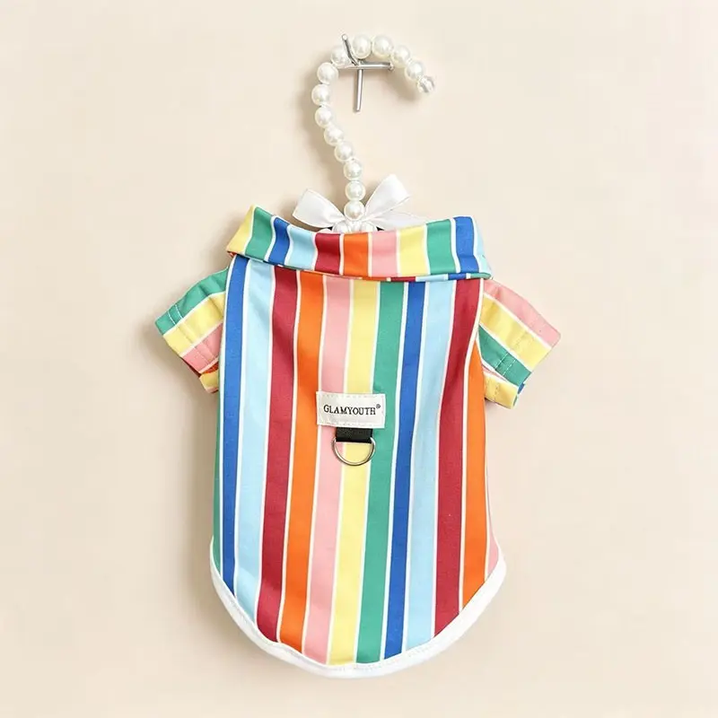 Pet Dog Cat Striped T-Shirt, Breathable Lightweight Polo Shirt, Rainbow Colors, Spring Summer Fall, Small Dogs Cats Clothing