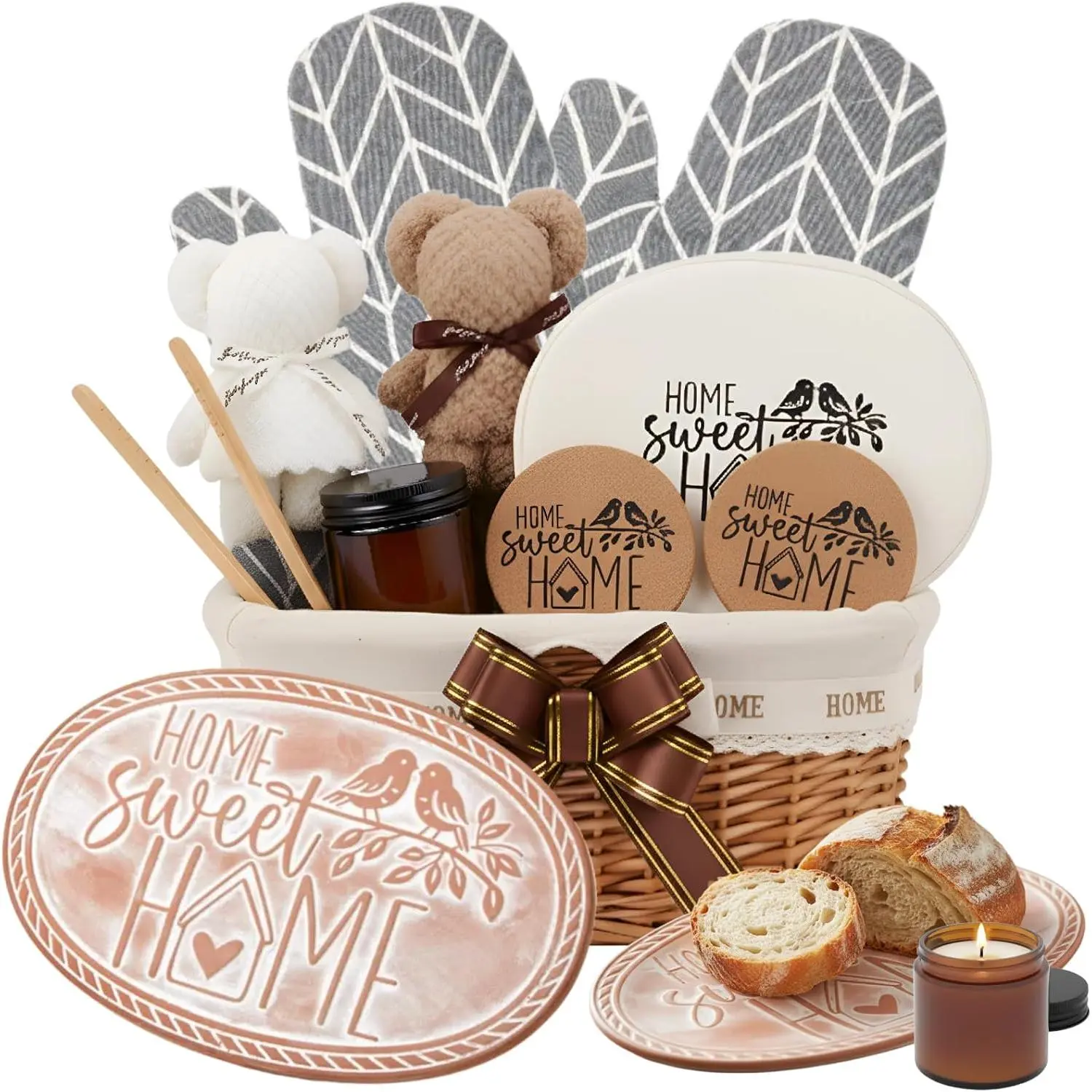 Rectangular Wicker Basket Bread Warmer Gift Set - Terracotta Stone Warmer, Linen Lid, 11.81"x8.66" - Gift Ready for Kitchen Hostess