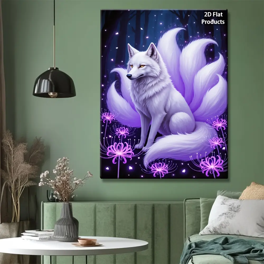 Artistic Decorative Hanging Print - Korean Folk Style 9-Tailed White Fox 2D Poster in Magical Purple Forest, Wood Wraparound Canvas Frame with Hook, Room Decoration, Vintage Housewarming Gift