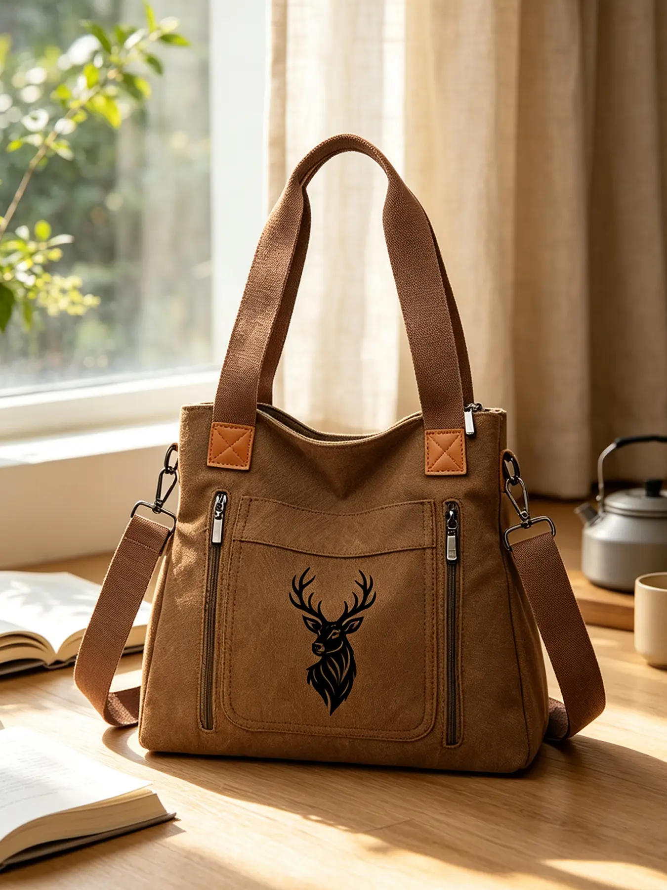 Stylish canvas bag with deer print, large-capacity crossbody shoulder bag with multiple compartments, casual daily bag for students to school and outings.