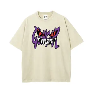 Pocket Monsters Gengar Graffiti Lettering Evil Grin Graphic Washed T-Shirt, Vintage Distressed Oversized Loose Fit Anime Cartoon Casual Streetwear Unisex Edgy Hip Hop Aesthetic Trendy Tee