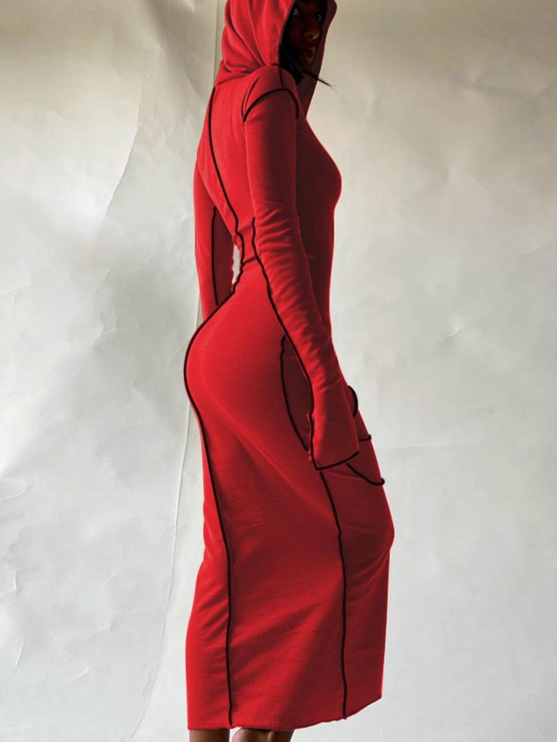 Women's Plain Drop Shoulder Hooded Bodycon Dress, Casual Long Sleeve Solid Long Dress for Fall & Winter, Women's Clothing
