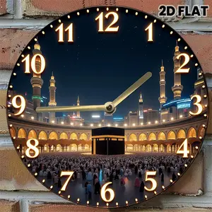 Kaaba Mecca Islamic Wall Clock, 12 Inch Silent Non-Ticking Quartz Clock, Muslim Holy Mosque Aesthetic Wall Decor for Living Room Bedroom, Battery Operated Easy to Read Wall Clock for Ramadan Eid(Without AA batteries)