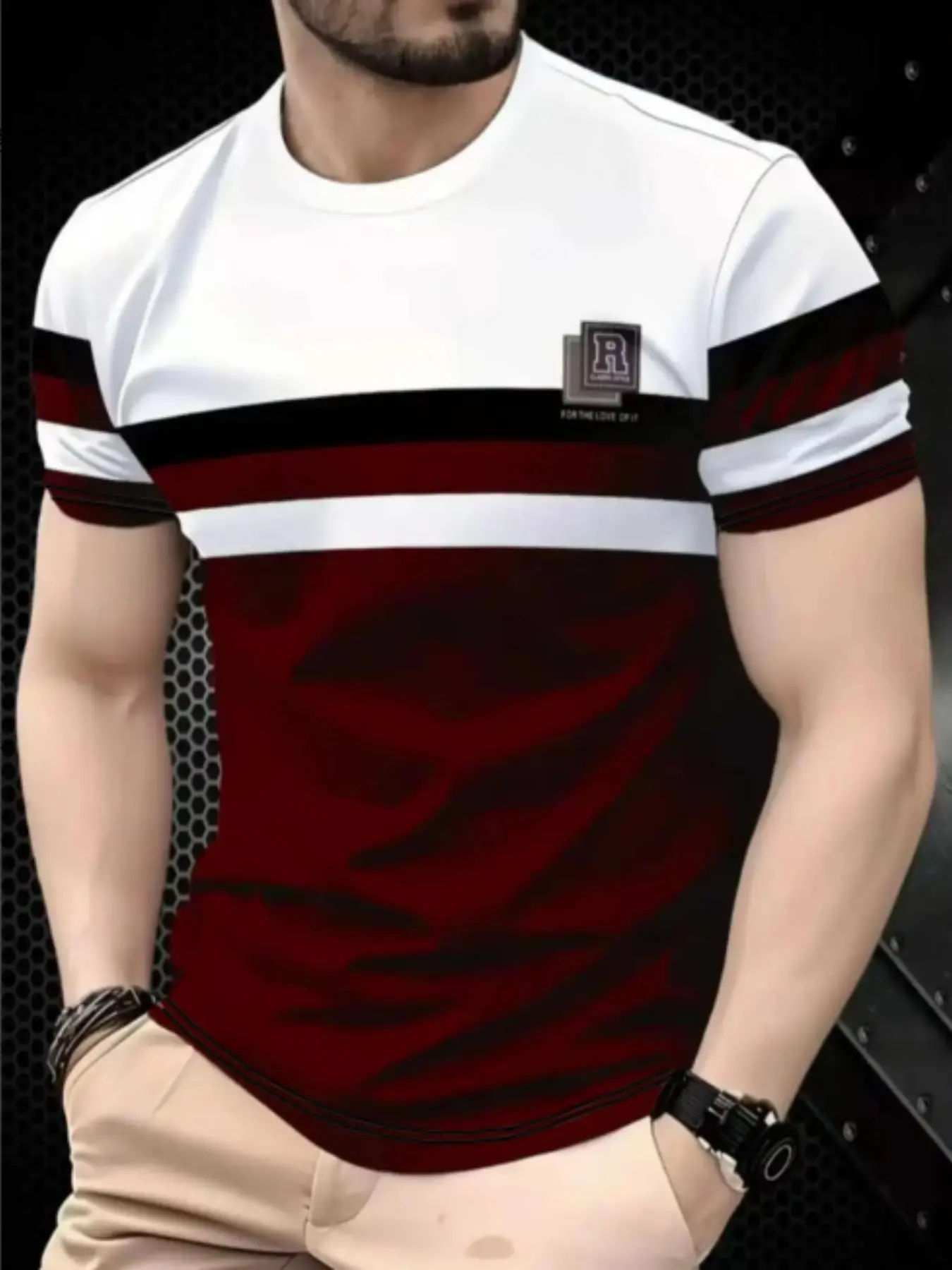 Men's Casual Fitted Streetwear 3D Striped Print Polyester Short Sleeve Round Neck Long T-Shirt, Slightly Elastic Knit Fabric, Breathable and Comfortable, Clothes for All Seasons Wear