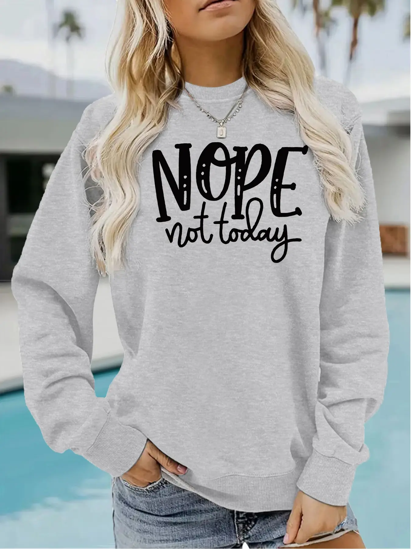 Women's Nope Not Today Print Round Neck Fleece Sweatshirt, Casual Long Sleeve Loose Fit, Fall & Winter Comfort