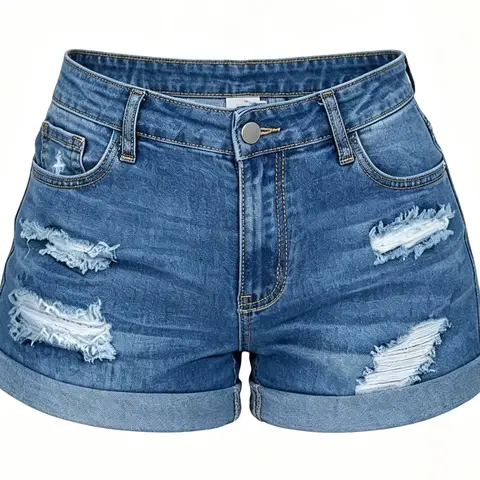 Women's High Waisted Distressed Washed Rolled Hem, Casual Chic Summer Beach Vacation, Trendy Women's Fashion, Beach Shorts Clothes, Casual Fashionable Shorts