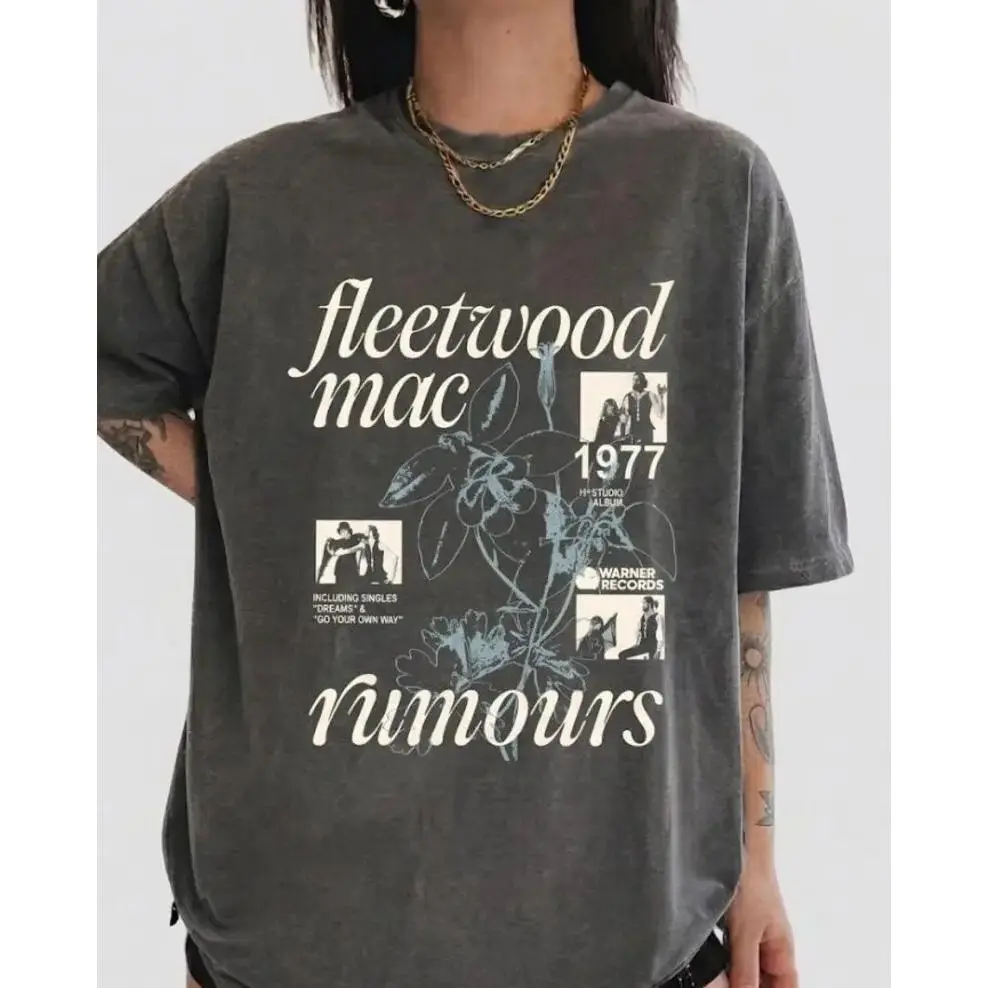 Women's Casual 90s Fleetwood Mac Rumours Distressed Graphic T-Shirt - Short-Sleeve Regular-Fit Top for Music Concert Fans