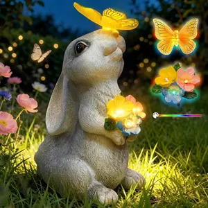 Garden Statue Outdoor Decor, Rabbit Figurines with Solar Butterfly Changing Color LED Lights, Bunny Ornament for Patio Backyard Lawn, Birthday Valentine's Day Gift for Women Mom Grandma