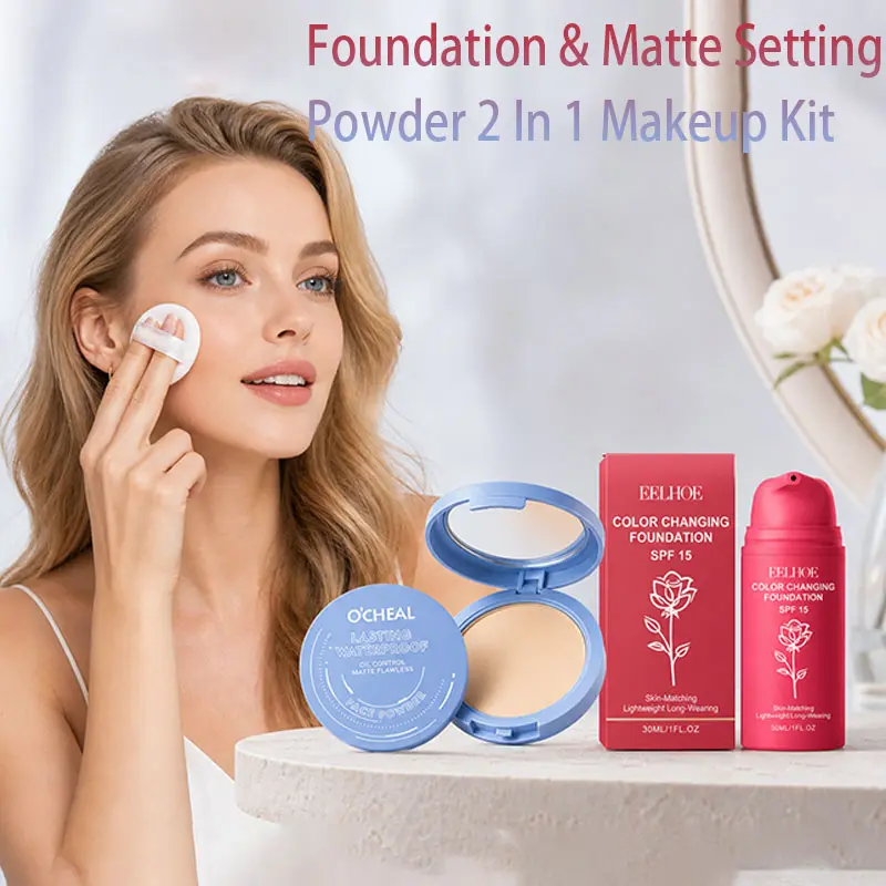 Foundation and Matte Setting Powder Combo Makeup Set, Dual-Function Beauty Kit, Perfect for Long-Lasting Wear, Ideal for All Skin Types