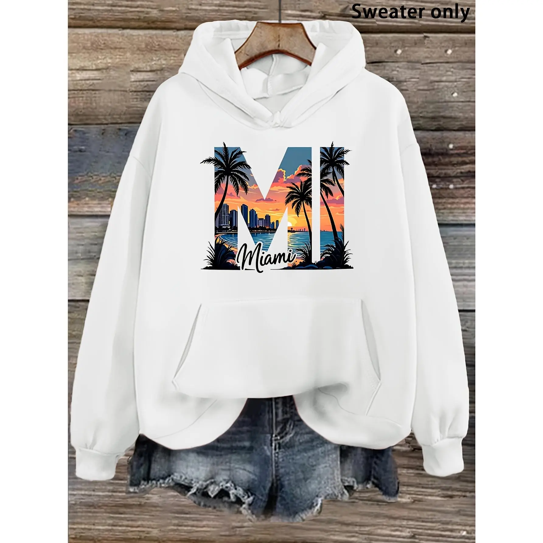 Women's Casual Hoodie - Miami Sunset Beach Print Long Sleeve Hooded Sweatshirt with Kangaroo Pocket, Trendy Streetwear for Fall & Winter