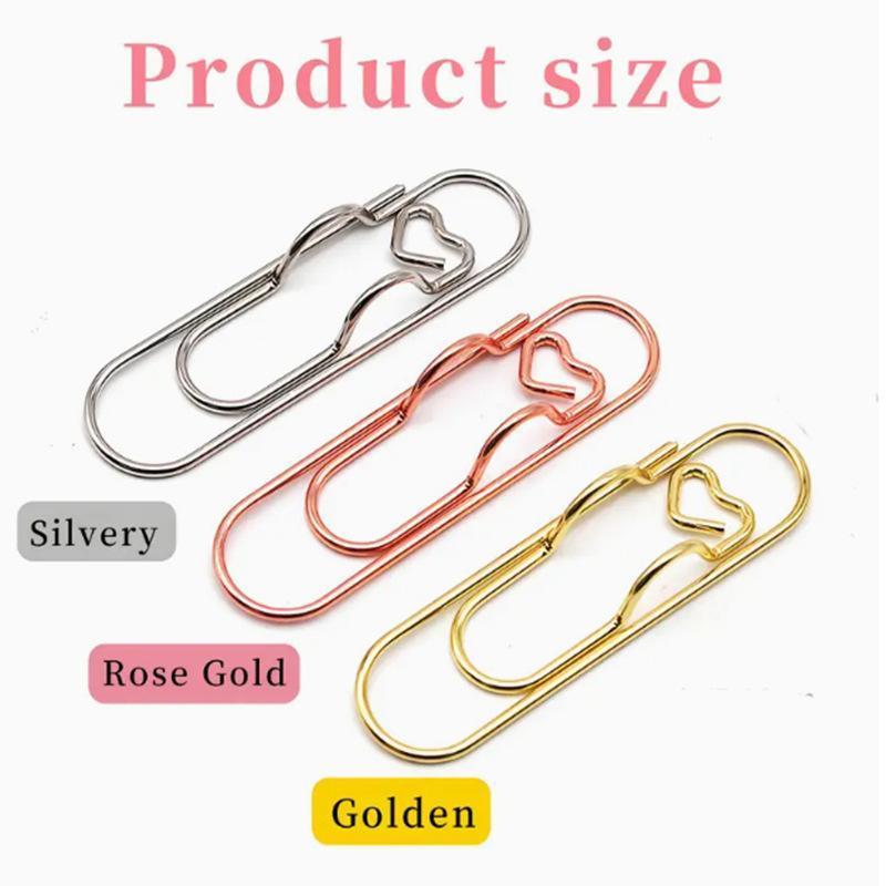 1 Box 6Pcs 3 Colors Heart Pen Clip Metal Pencil Clips Multifunctional Rose Gold Silver Carbon Steel Paperclip Portable Large Size Holder for Notebook Book Journal Office School Accessories