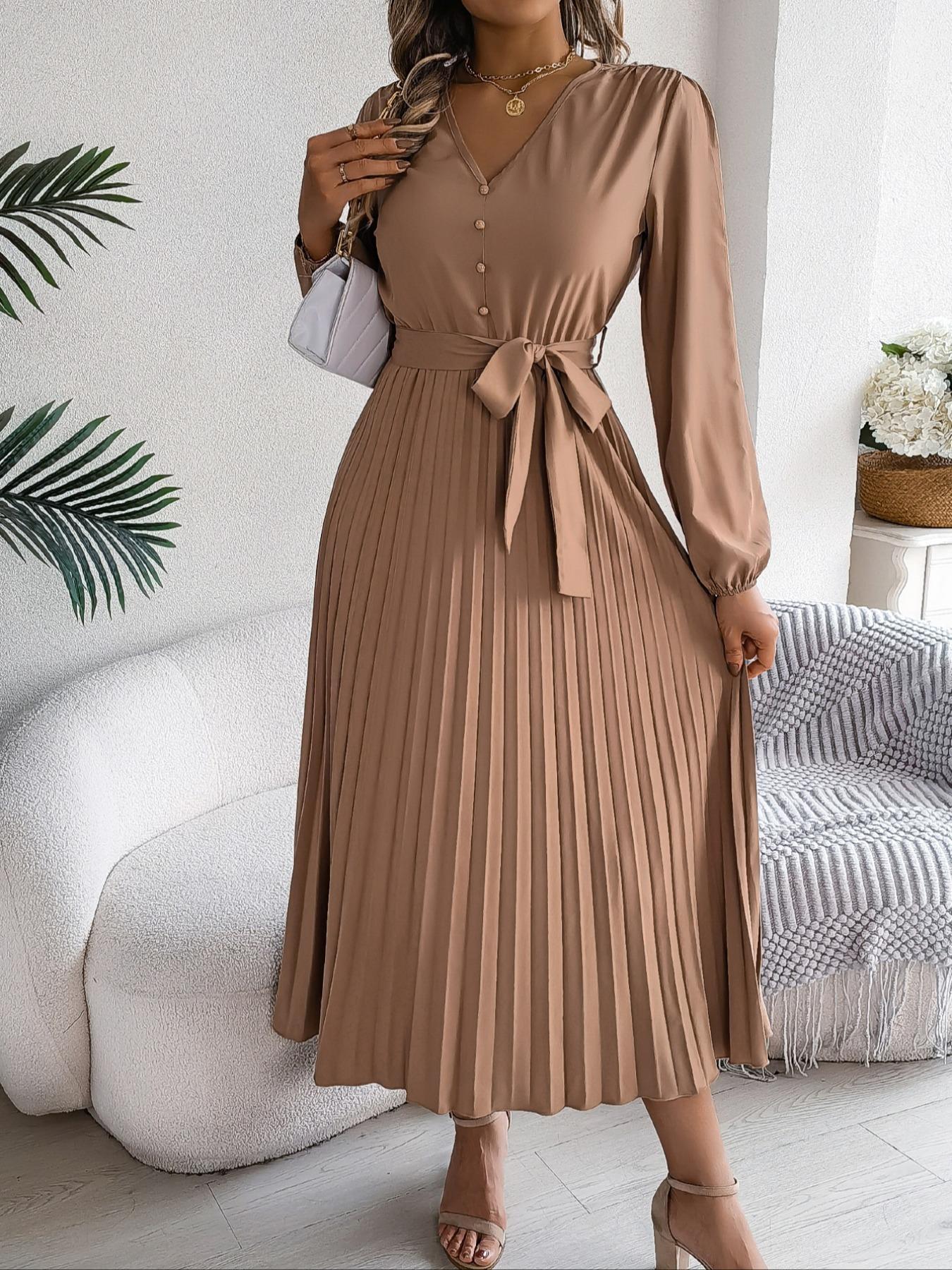 Women's Plain Fake Buttons Belted Pleated Dress, Elegant Chic Bishop Long Sleeve V Neck A Line Dress for Party Wedding Guest, Dresses for Women, Ladies Clothes for Spring & Fall, Birthday Dresses, Womenswear