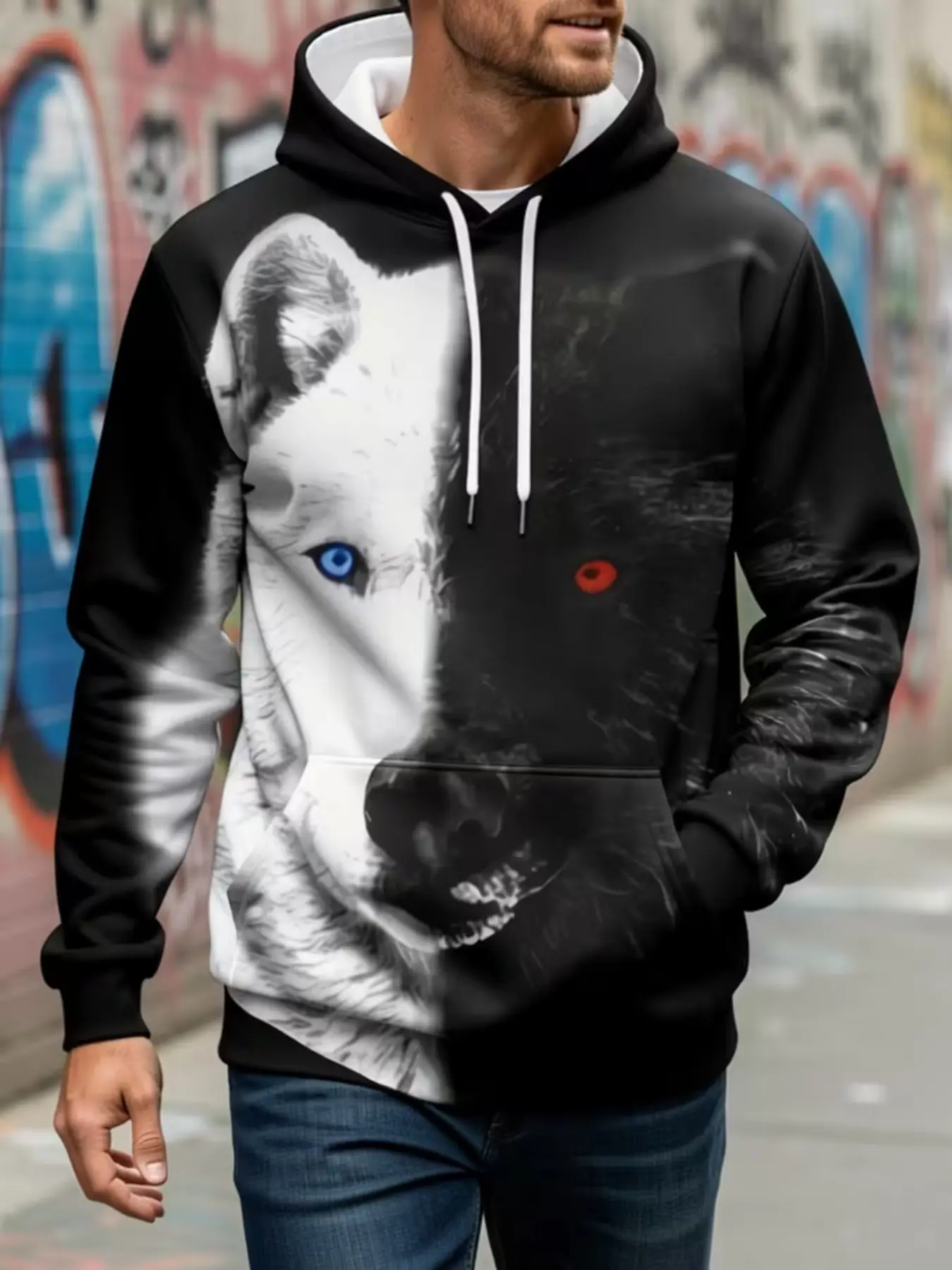 Men's Colorblock Husky Pattern Hooded Sweatshirt, Casual Loose Fit Pullover, Long Sleeve Graphic Top for Fall & Winter