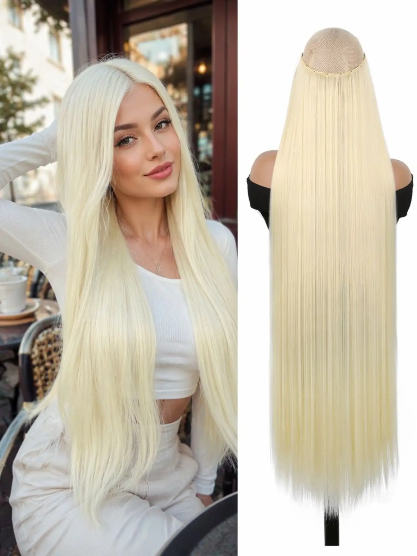 40-inch 5-clip extra-long straight hair extensions in platinum blonde; suitable for men and women for daily wear, holidays, carnivals, music festivals, Halloween, and Christmas.