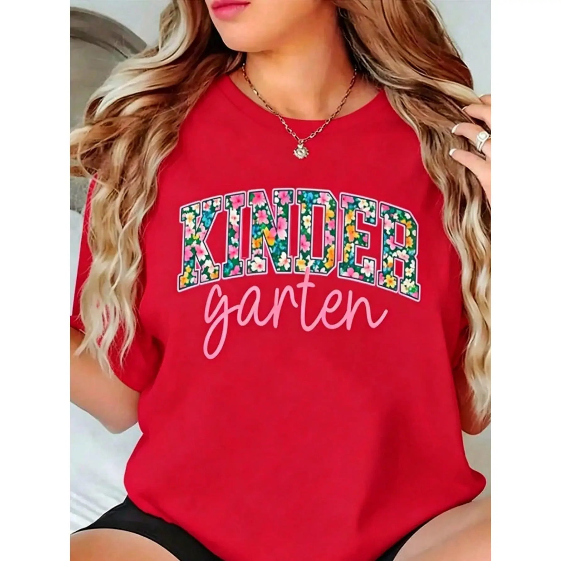 Women's Loose Short-Sleeve Casual Comfortable Kindergarten Teacher Shirt - Back to School Teacher Appreciation Gift, Kindergarten Team Tee, Summer Party Sports Top, Cotton