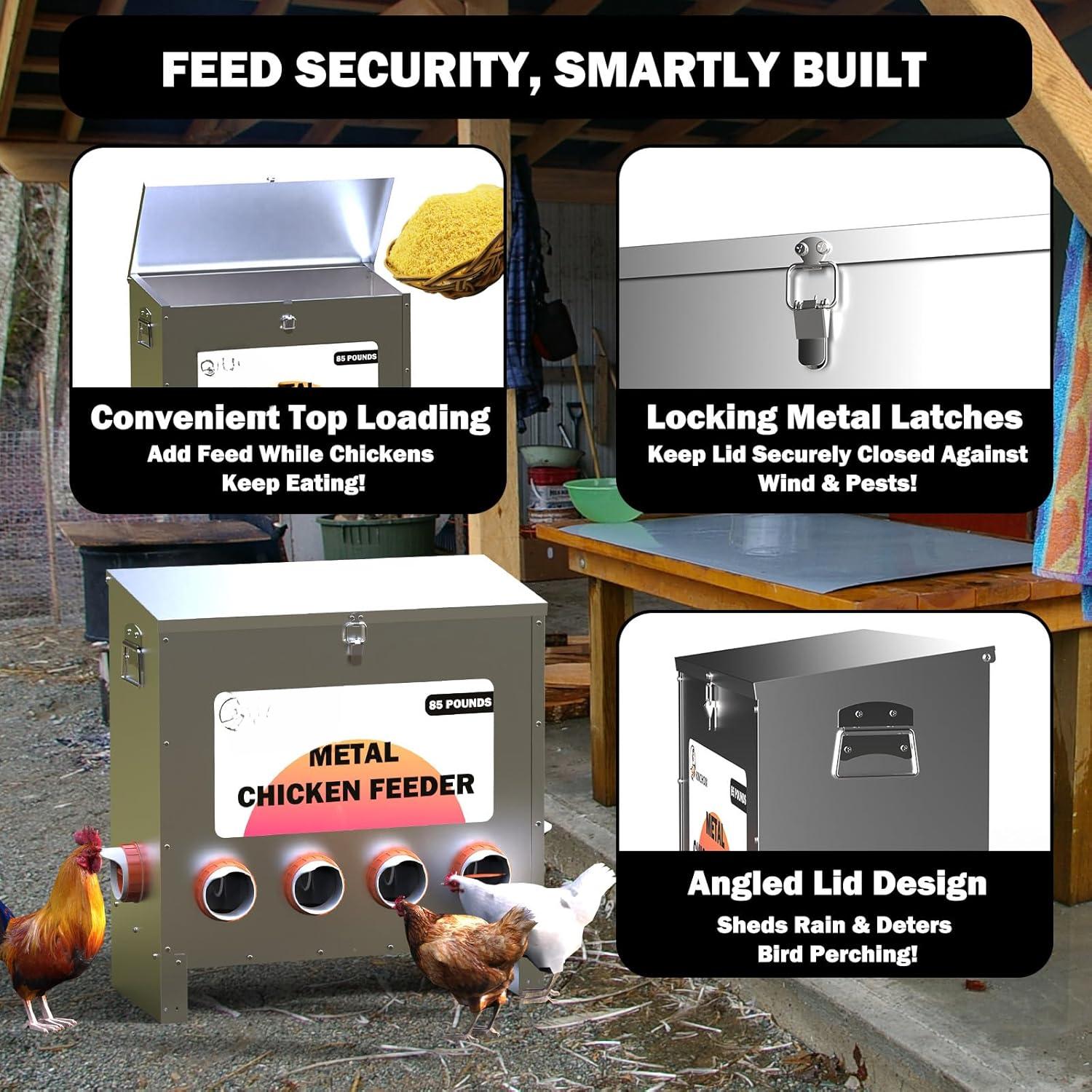 Metal Chicken Feeder Large Capacity 85lbs Automatic Metal Rat Proof Chicken Feeders No Waster Weatherproof Poultry Feeder for Chickens, Geese, Ducks, Turkeys, Quails (6-Port) Metal Chicken Feeder Large Capacity 85lbs Automatic Metal Rat Proof Chicken Feeders No Waster Weatherproof Poultry Feeder for Chickens, Geese, Ducks, Turkeys, Quails (6-Port)