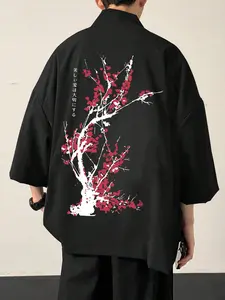 Vintage Japanese Aesthetic Men Black Kimono Shirt Oriental Red Plum Tree Kanji Graphic Oversized Loose 3/4 Sleeve Functional Light Outer Versatile Layering Jacket For Urban Daily Hangout Street Summer Aesthetic Outfit