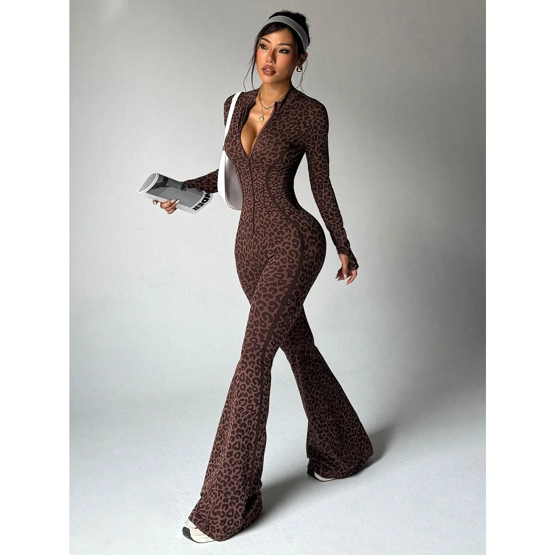 Women's Seamless Leopard Print Yoga Suit, High Waist Butt Lifter, Long Sleeve Zipper, Slim Fit Workout, Running Sportswear