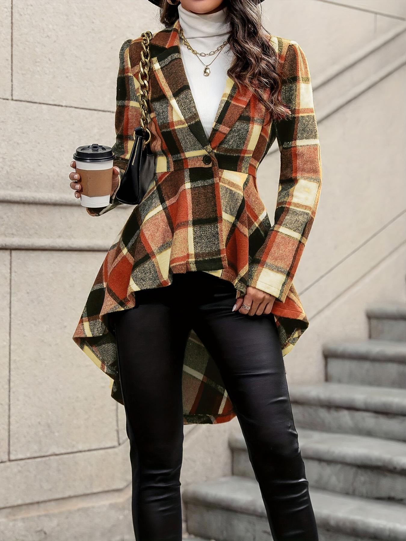 Women's Plaid Print Button High Low Hem Fitted Jacket Coats, Casual Long Sleeve Lapel Neck Open Front Outerwear for Fall & Winter, Ladies Clothes for Daily Wear, Womenswear