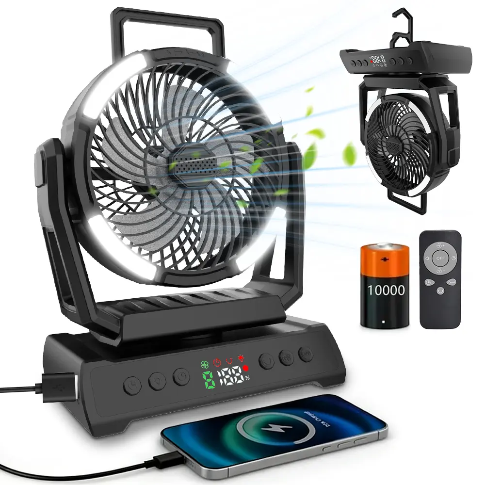 Camping Fan - 20000mAh Battery Powered Fan Rechargeable with LED Lantern - Portable Outdoor Tent Fans with Hanging Hook 4 Speeds Wind Remote Control, Black