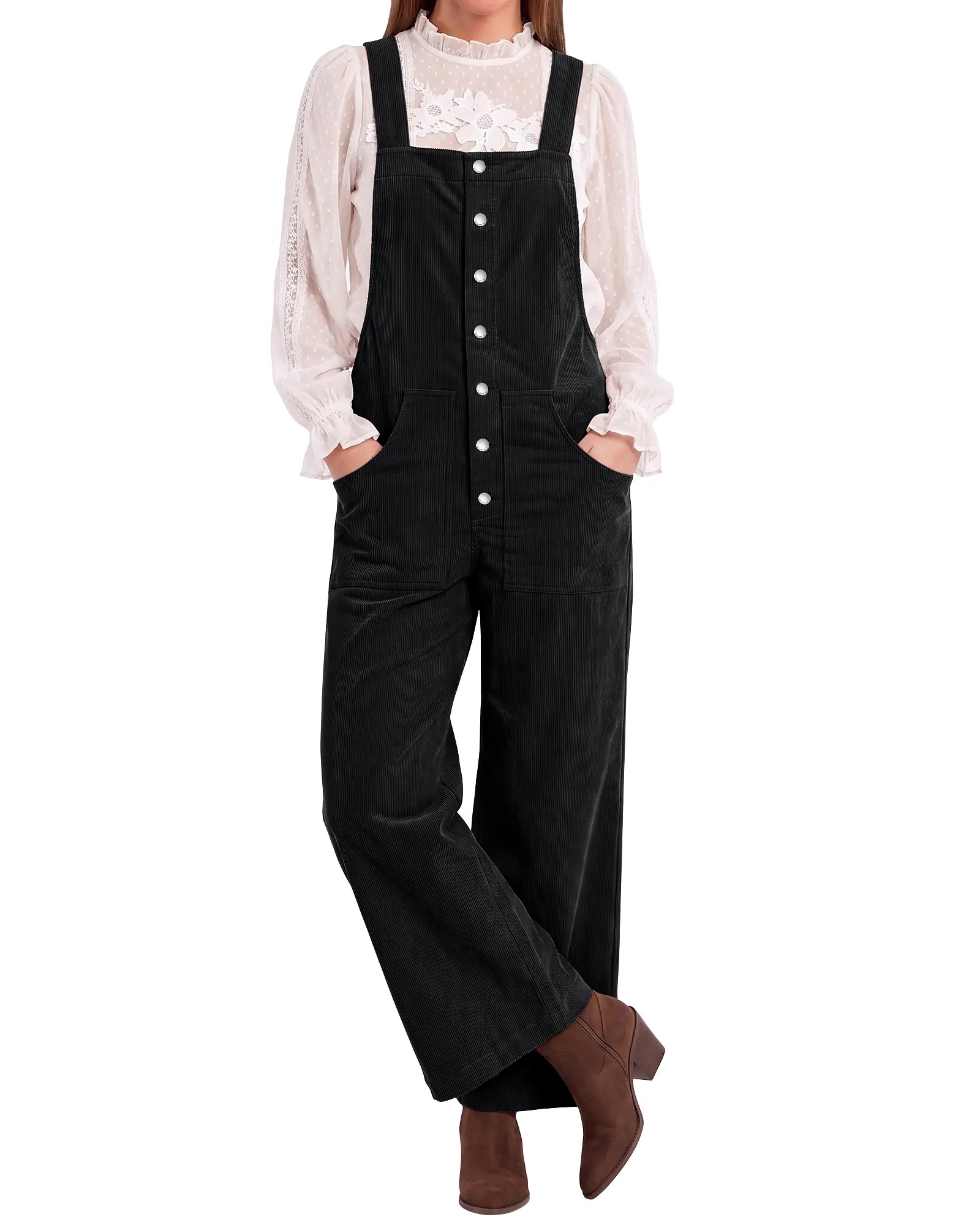 luvamia Corduroy Overalls for Women Wide Leg Bib Jumpsuits Baggy Loose Fit | Front Button Fly, Cozy Fall Style, Four Functional Pockets, Square Bibs Neck, Full Length, Modern Western, Adjustable Straps