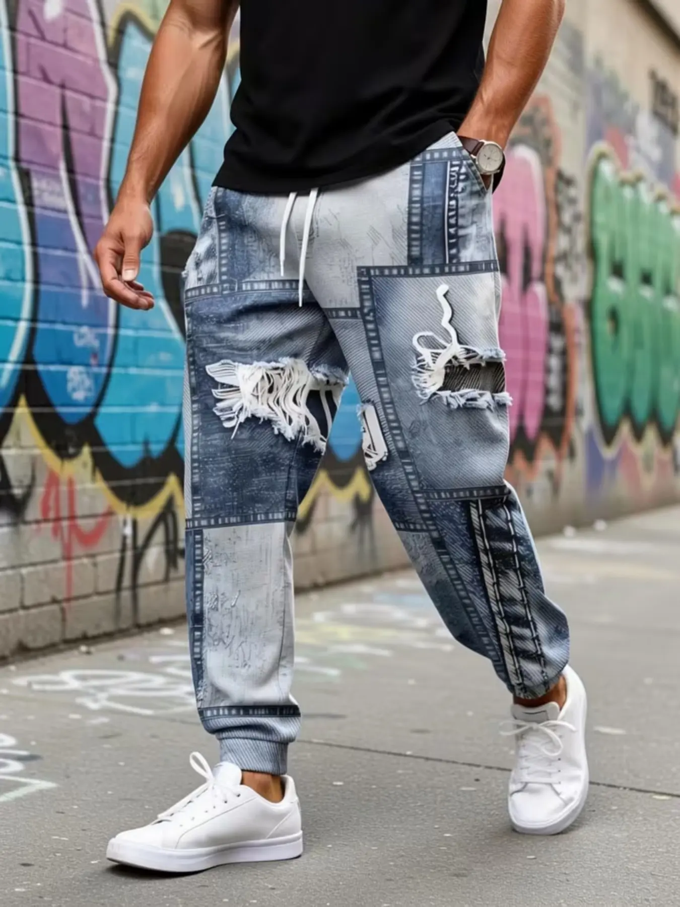 Vintage Denim Digital Print Men's Sweatpants, Spring & Fall Streetwear Long Pants, Loose-Fit Elastic Waist Casual Pants