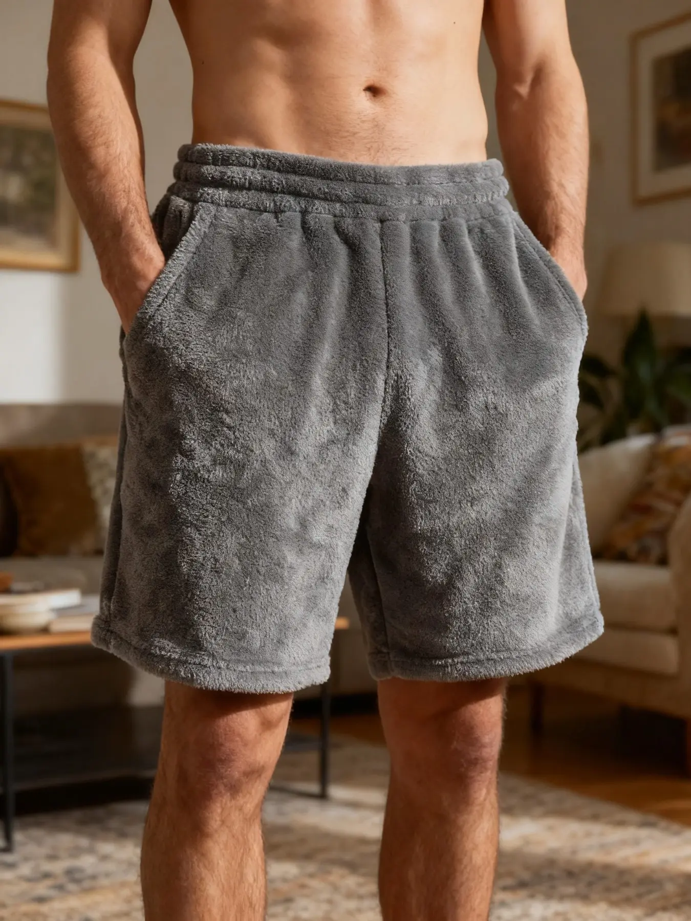 Men's Fuzzy Terry Cloth Shorts, Warm Soft Drawstring Casual Sweat Shorts With Pockets, Comfy Loose‑fit Home Workout Beach Shorts Multiple Colors