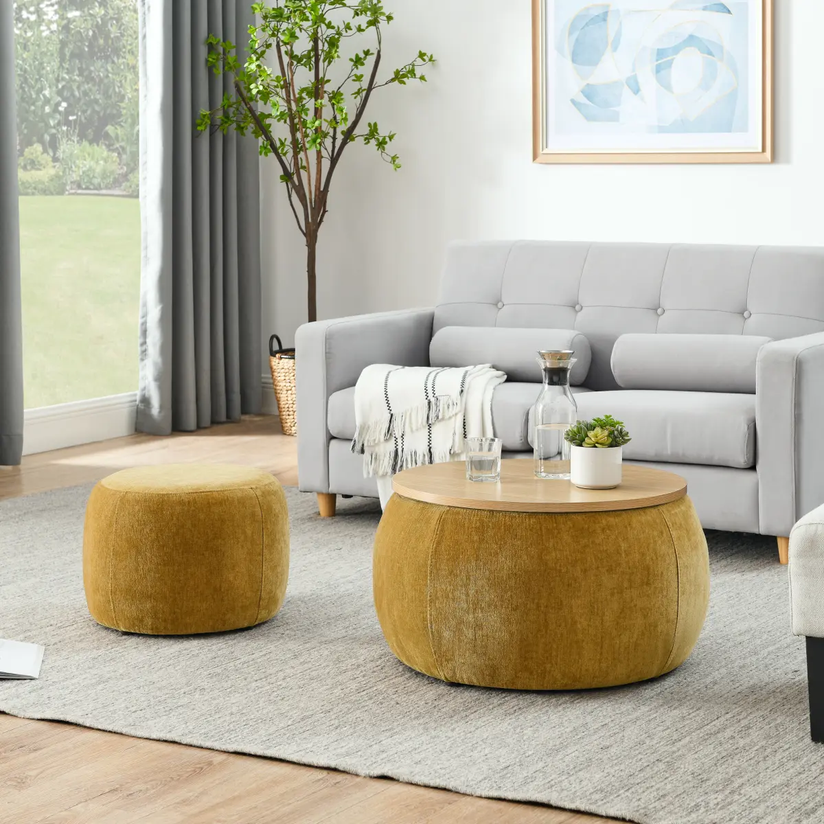 Nesting Coffee Table Ottoman Set,2‑in‑1 Round Storage Footstool Ottomans,End Side Table with Small Seat and  Removable Wooden Tray,For Living Room Apartment & Compact spaces.No Assembly Required