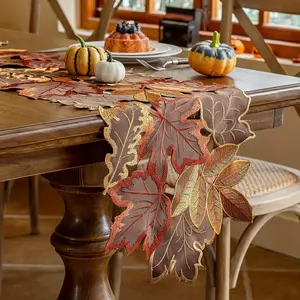 1 Pack Autumn Maple Leaf Embroidered Table Runner, Flocked Brown Rustic Farmhouse Table Runners, Thanksgiving Harvest Holiday Table Decor for Dining Room Kitchen Party