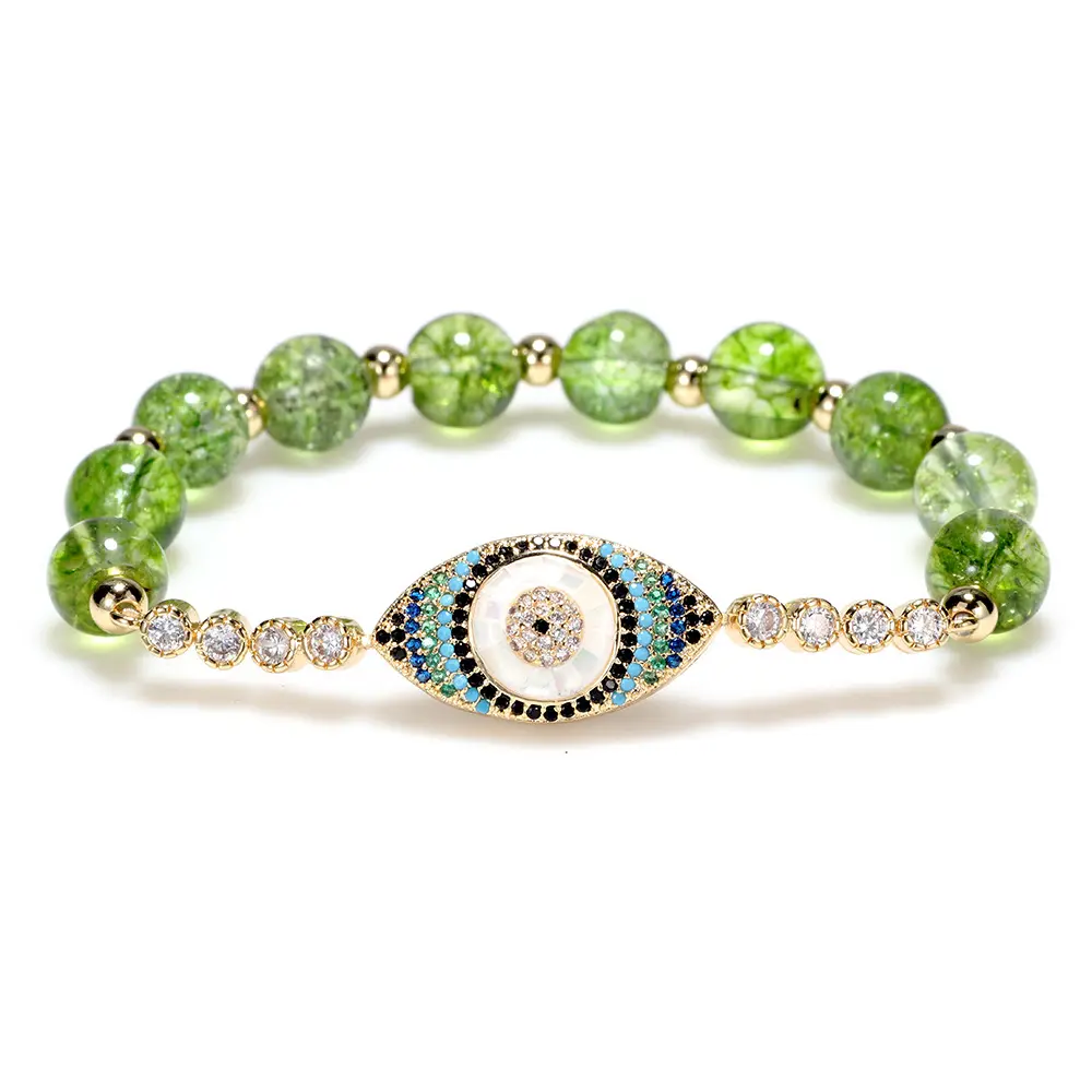 Women's Copper Bracelet with Peridot & Synthetic Stones, Zircon Evil Eye Pendant, Polished Surface, Lightweight Chain - Minimalist DIY Bag Accessory for Daily Wear