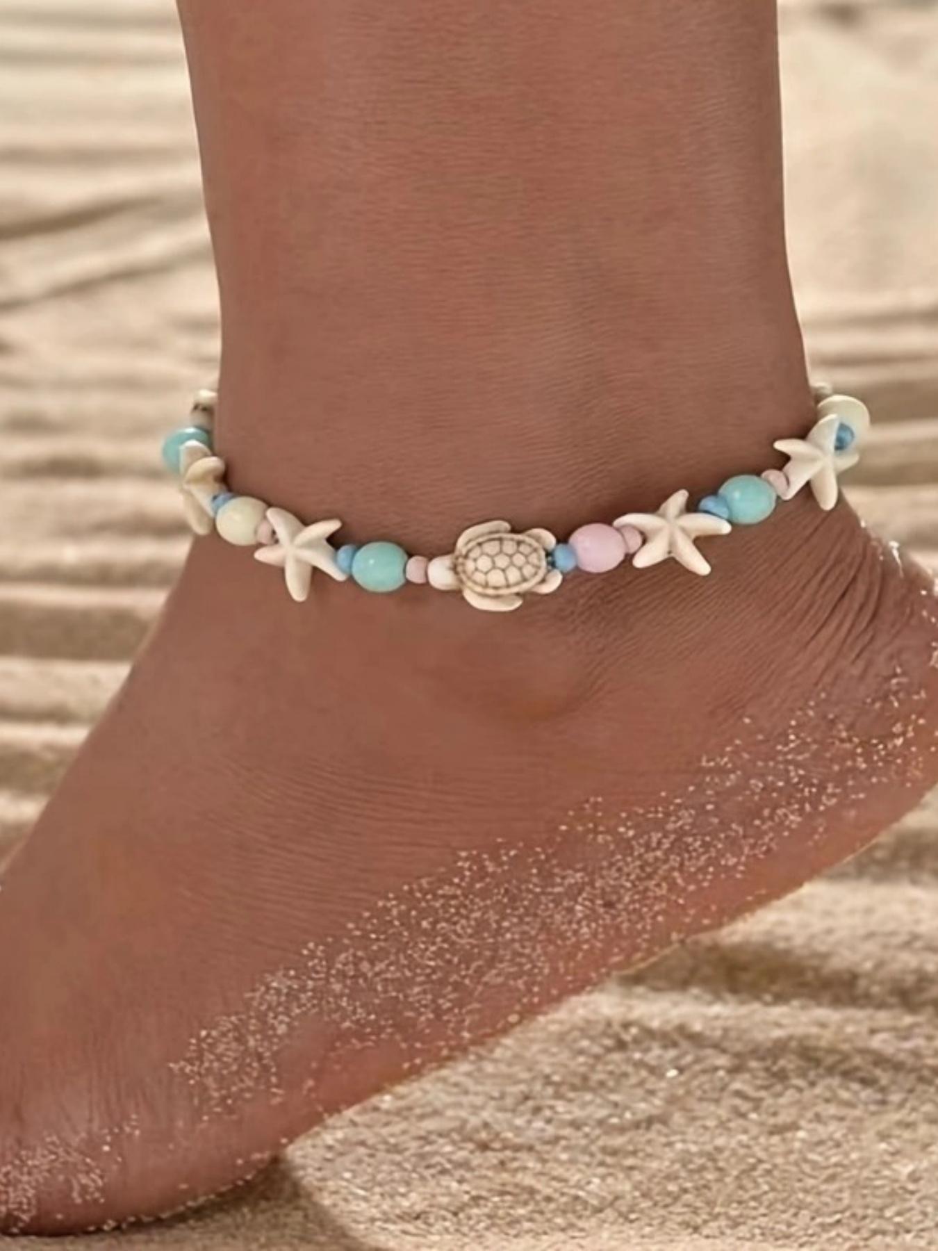 Fashionable Starfish & Turtle Design Beaded Anklet, Fashion Jewelry for Party, Daily Clothing Decor, Trendy All-match & Exquisite Jewelry for Birthday Gift