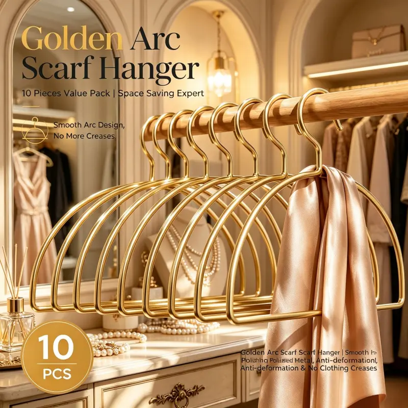 10 Pack Elegant Golden Arc Metal Scarf Hangers, Smooth Anti-Wrinkle Garment Organizer for Scarves, Belts, Camisoles, Space Saving Closet Storage for Bedroom Wardrobe